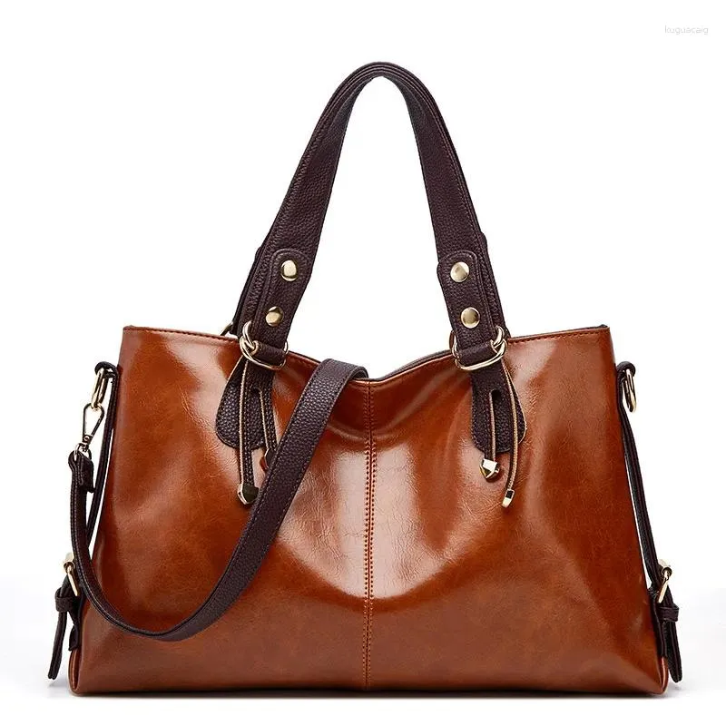 Evening Bags Fashion High Quality Oil Wax Leather Tote Bag For Women Solid Color Simple Daily Handbag Sac A Main Femme Shopping Shoulder