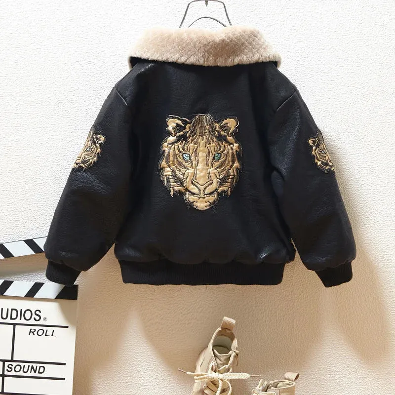 Winter Pu Leather Jacket Tiger Coat Plus Velvet Big Kids Fashion Clothes For Teens Boys Cardigan Children Outwear Coats 231221