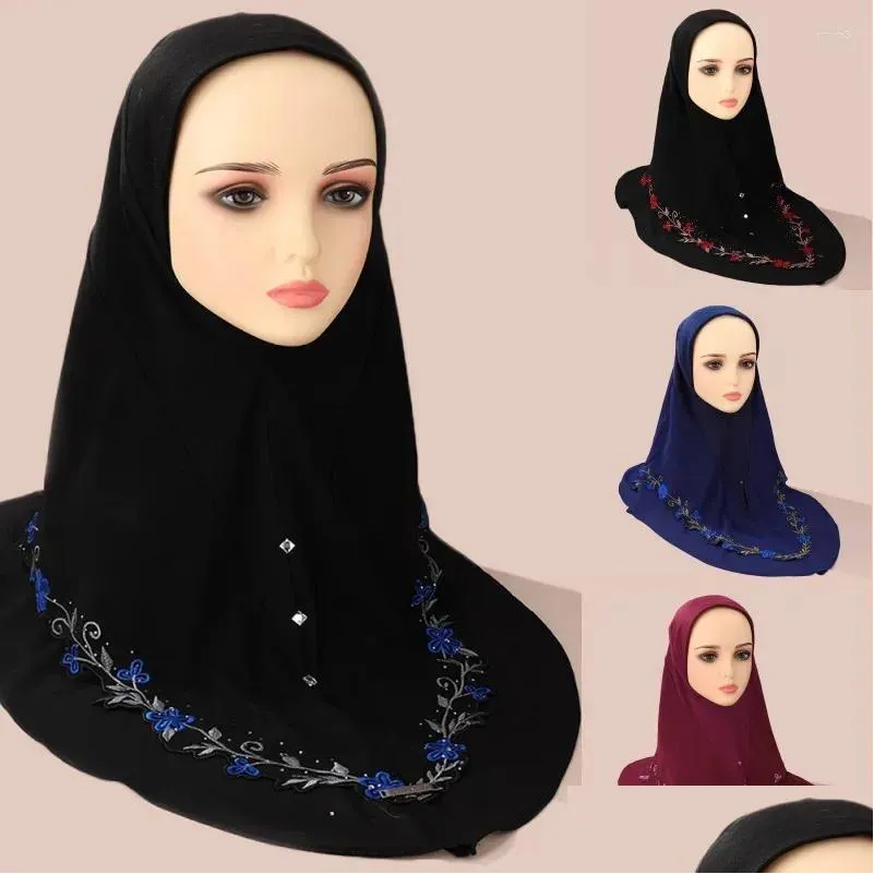 Halsdukar kvinnor broderi blommor hijab arabisk fast färg turban islamisk khimar muslimsk mjuk slitage direkt omedelbar halsduksleverans f dhivx