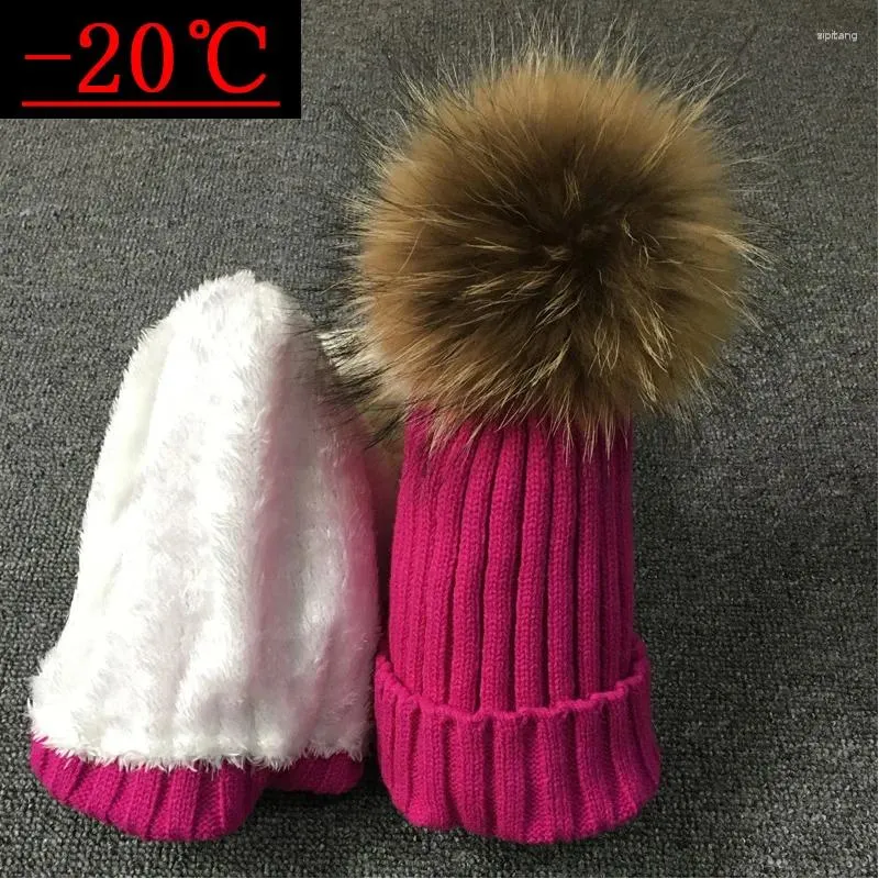 Beretten Cllikko Real Fur Hat Gebreide grote wasbeer pom Kinderen Winter Unisex Kinderen van 1-18 jaar Warm chunky plus Velvet