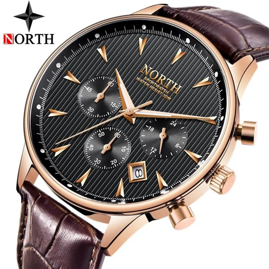 Armbanduhr nördliche Uhren Top Chronograph Quarz Watch Men Leder Fashion Casual Sport Militär Relogio Maskulino279d