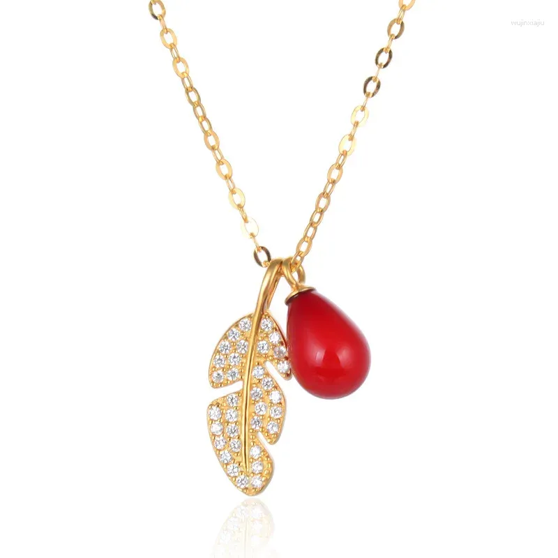 Pendentifs collier fin boule rouge plume goutte pavé Zircon Style Glam mode bijoux pour femmes 925 argent Sterling