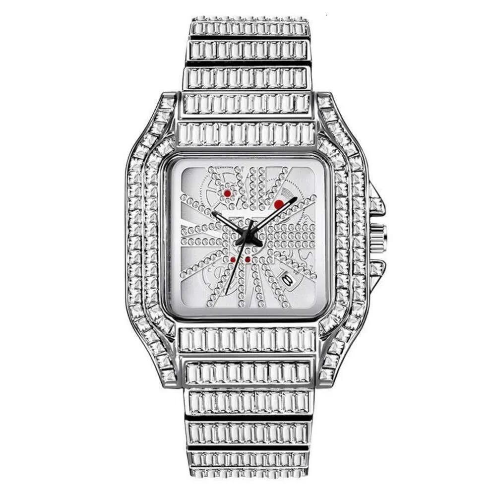 2022 New Men Hip Hop Full Diamond Steel Band Frasnable and Figured Square Double Button Calendar Quartz Watch