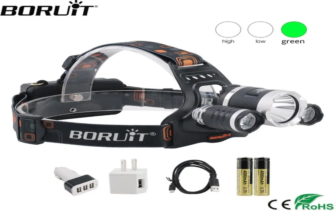 Boruit T6 White2xpe Green LED -strålkastare 3mode Rehargebar strålkastarvattentät huvudfackning camping 18650 Batteri14936268338125