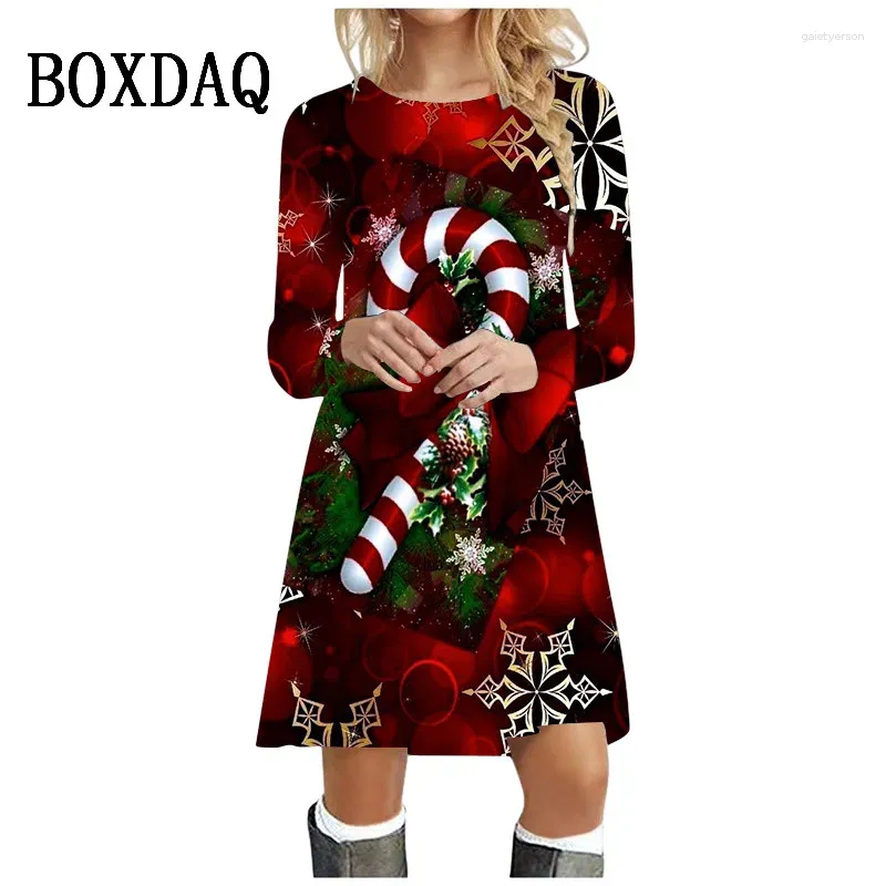 Abiti casual Rosso Festa di Natale Abito da donna Abbigliamento autunnale Inverno Manica lunga O-Collo Stampa ad albero Sciolto A-Line Taglie forti