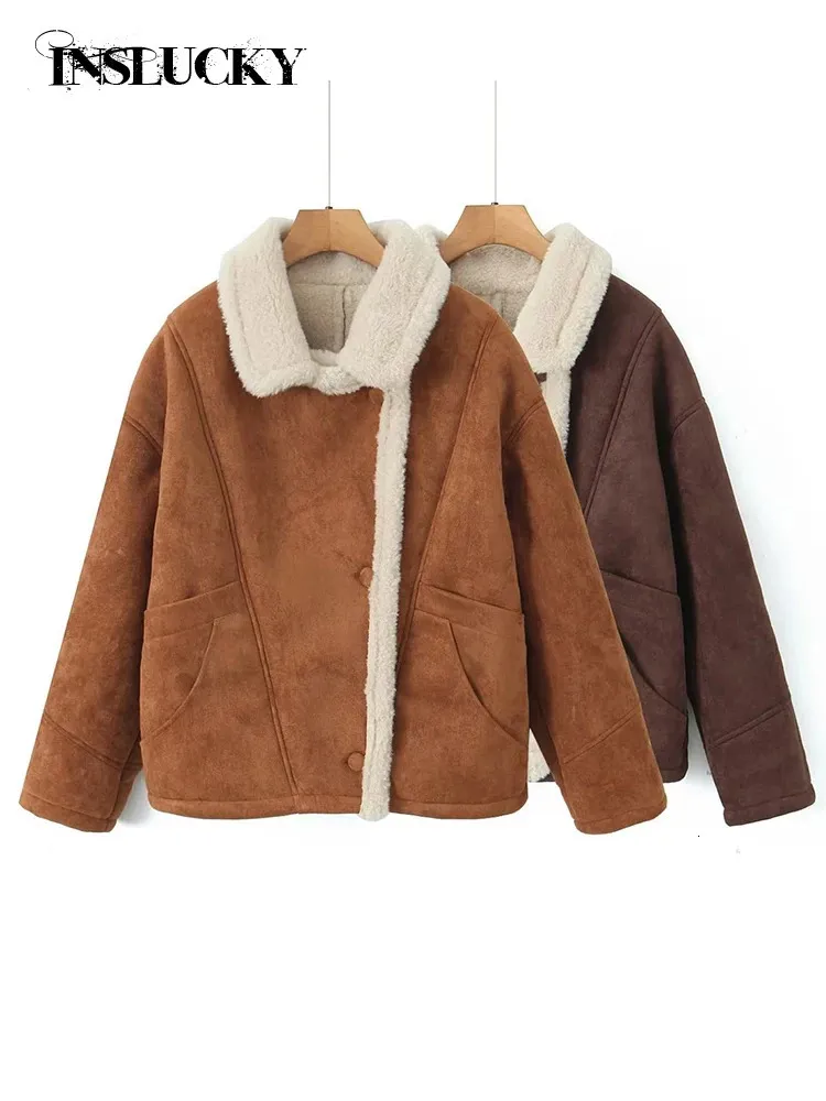 インスラッキー冬のヴィンテージメイラードコートラムスウールターンダウンルーズポケット厚い暖かいジャケット女性Y2Kファッションストリートウェアアウター231221