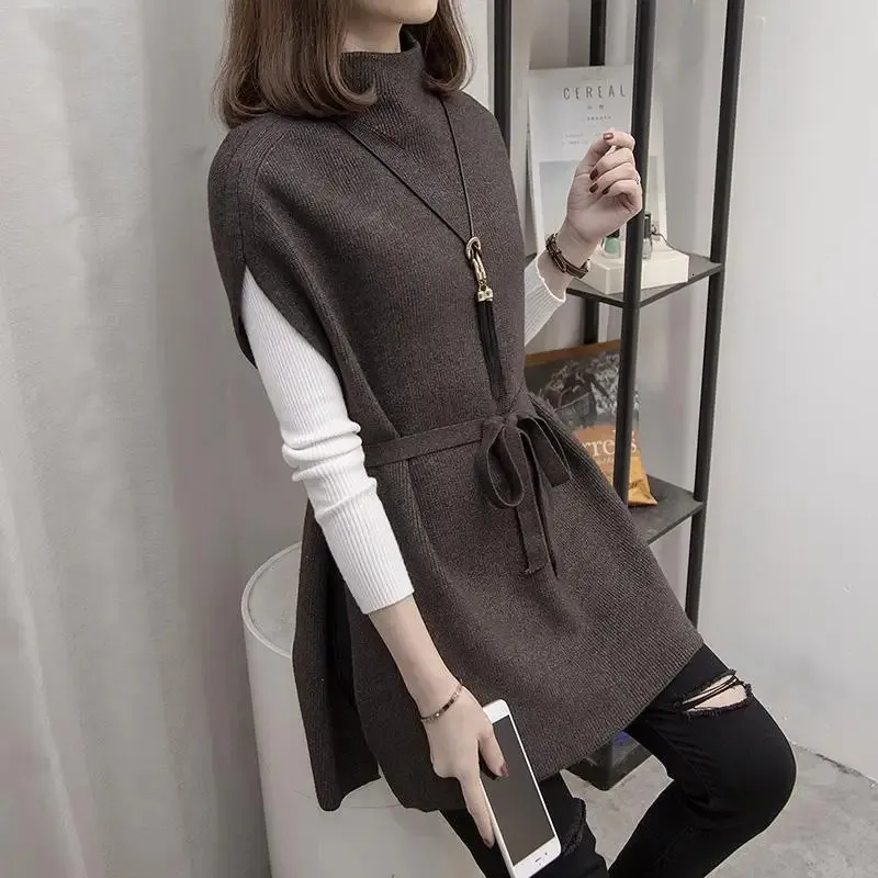 Women Sweater Vest Korean Turtleneck Pullover Winter Sticked Löst passande Waistcoat Feamle Long Vests With Belt 231221