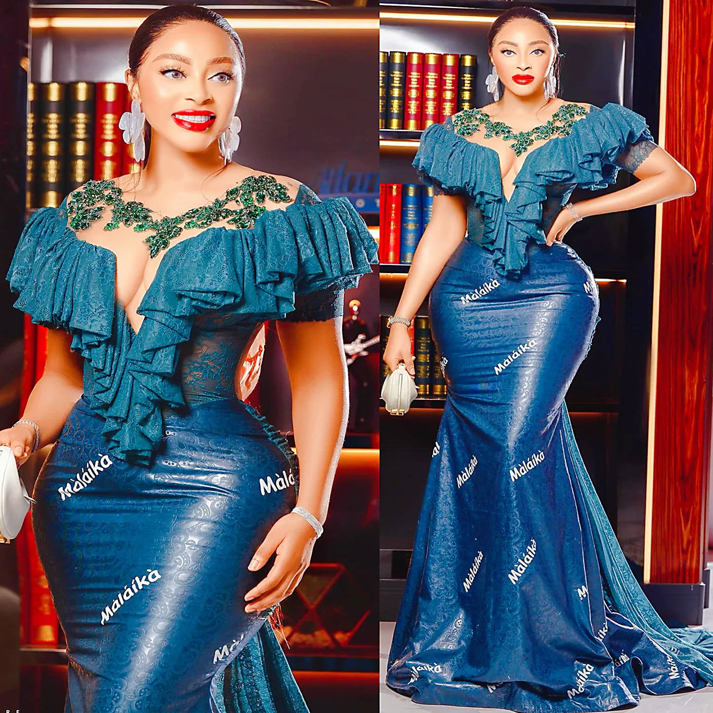 2024 Aso Ebi Sirène Dark Navy Prom Robe en dentelle Imprimé Soirée formelle Fête Deuxième réception Robes de fiançailles d'anniversaire Robe de Soiree ZJ377