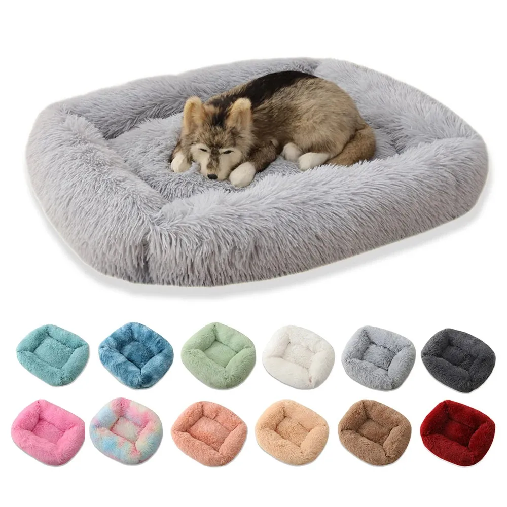 Lit pour chien canapé longue peluche chenil carré hiver chaud tapis pour chiot nid de chat maison douce coussin de panier antidérapant pour chiens fournitures pour animaux de compagnie 231220