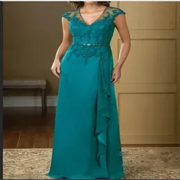 Green Mother Of The Bridal Dress Plus Size V Neck Lace Appliques Chiffon Special Occasion Elegant Evening Dresses With Bead Belt