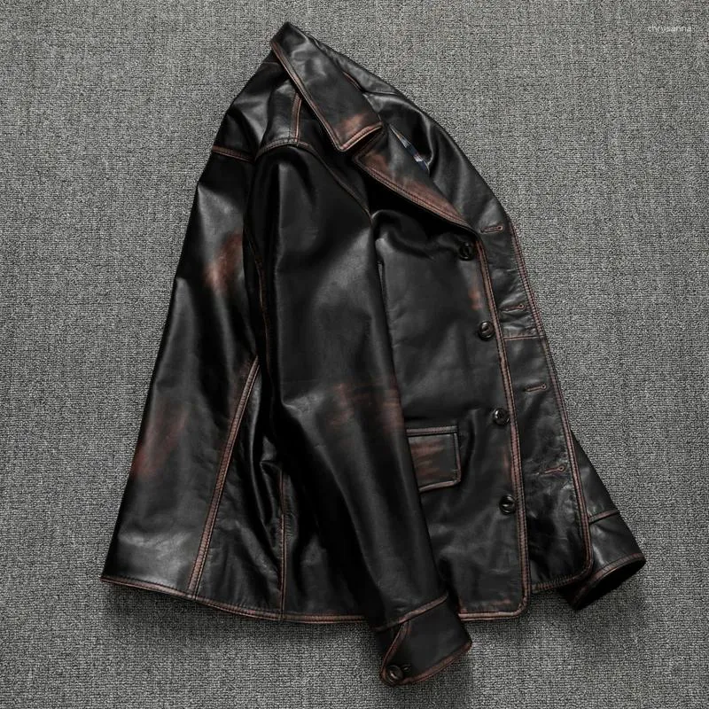 Men's Jackets American Retro Hand-Made Old Vegetable Tanned Full-Grain Leather Horse Dispatcher Real Clothes Male Amekaji Wear