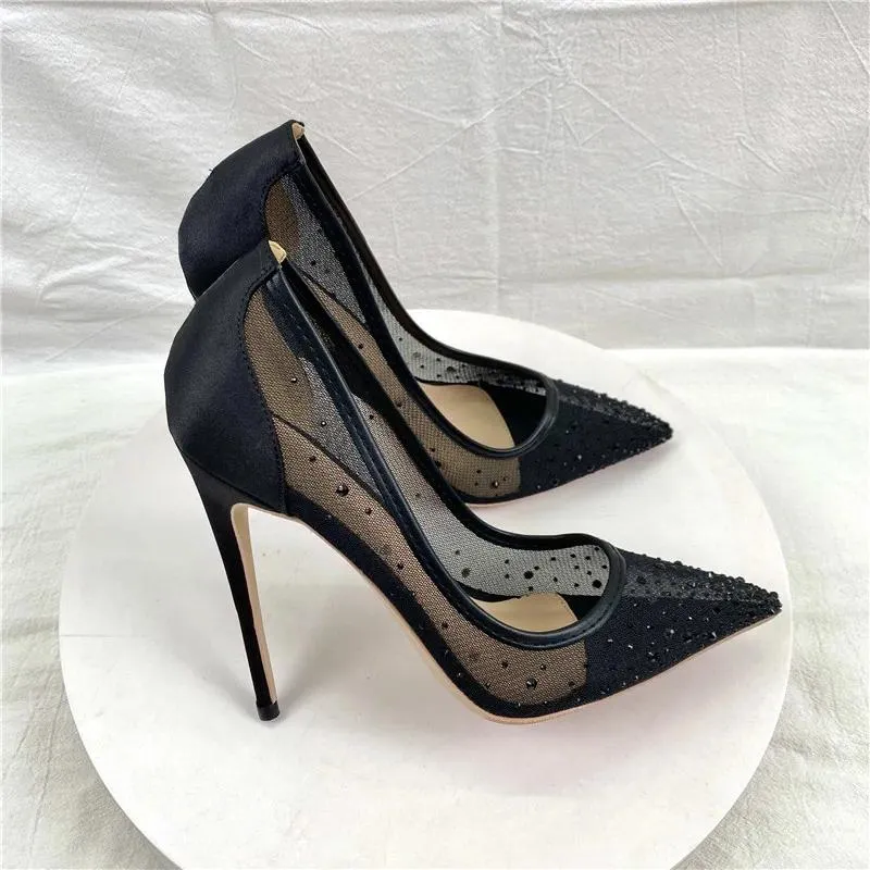 Dress Shoes Rhinestones Women Patchwork Black Satin Gauze Pointy Toe High Heel Party 8cm 10cm 12 cm Elegante stiletto -pompen