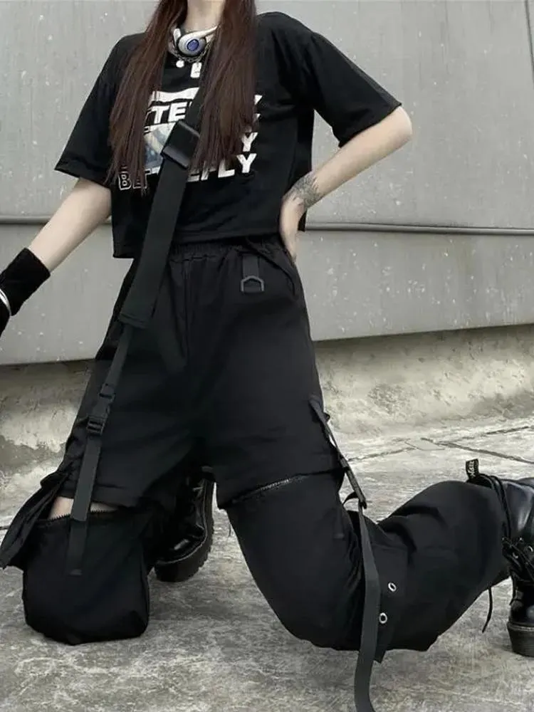 Gothic Punk Parachute Pants Women Harajuku Techwear Pockets White