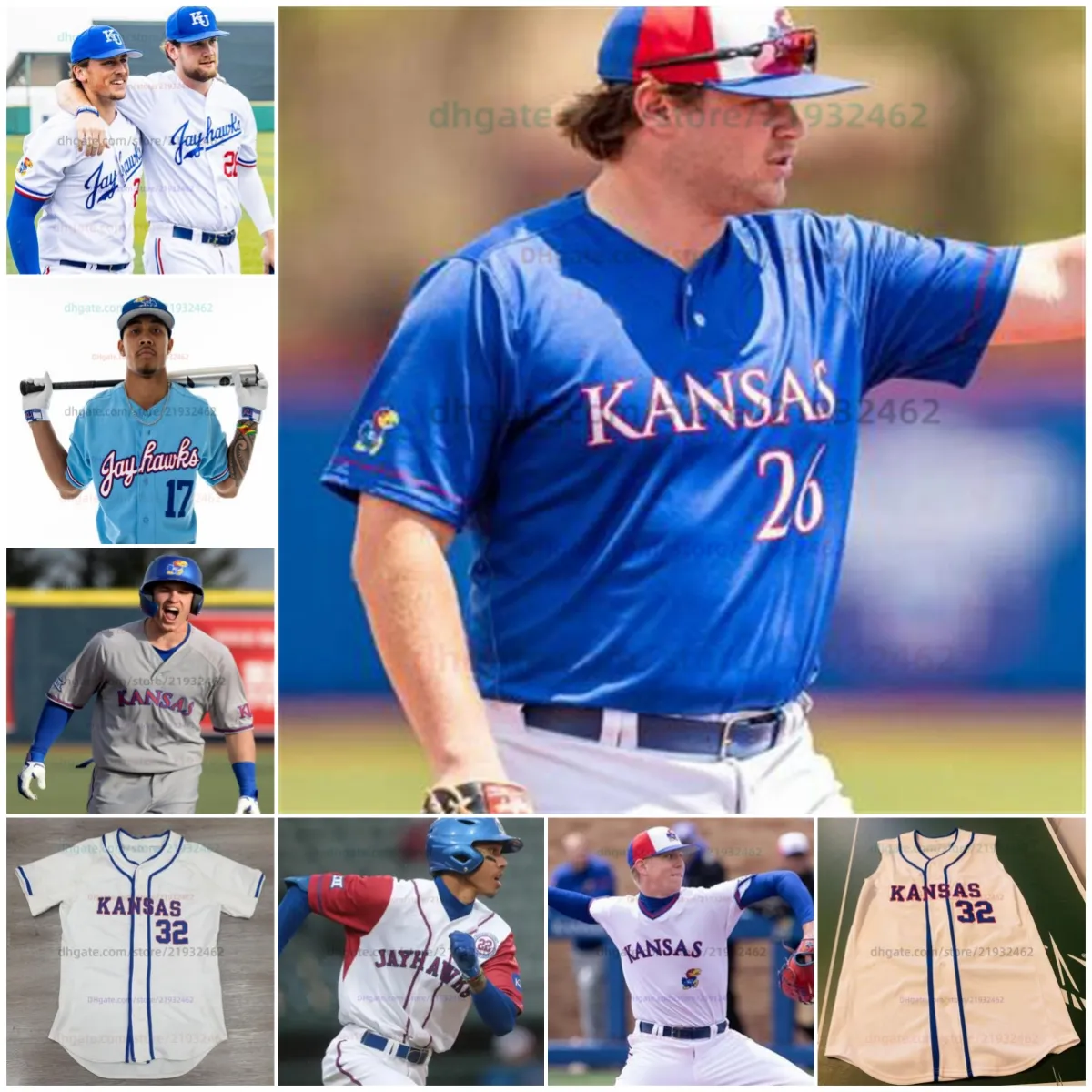 Maillot de baseball College Kansas Jayhawks Personnalisé n'importe quel nom n'importe quel numéro tout cousu Colton Wemhoff John Nett Kodey Shojinaga Mitchell Birdsall Luke Leto