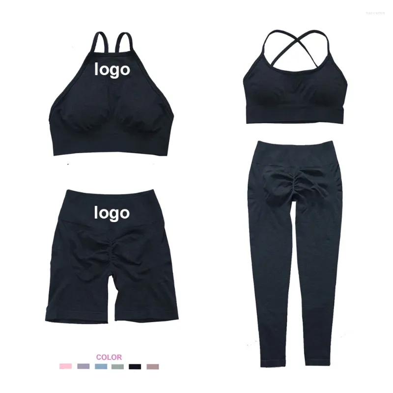 Set attivi Logo personalizzato Tute senza cuciture da donna Set da yoga Allenamento Abbigliamento sportivo Abbigliamento da palestra Reggiseno fitness Top Leggings a vita alta Tute sportive