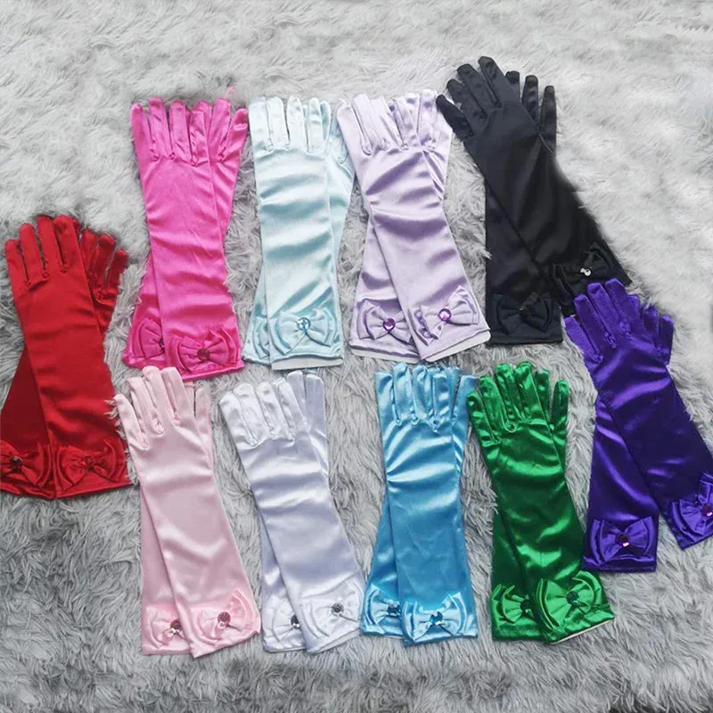 Childrens Dance Princess Long Tube High-grade Satin Stretch Gloves Girl Bow With Beads Gloves Children Day Birthday Gifts