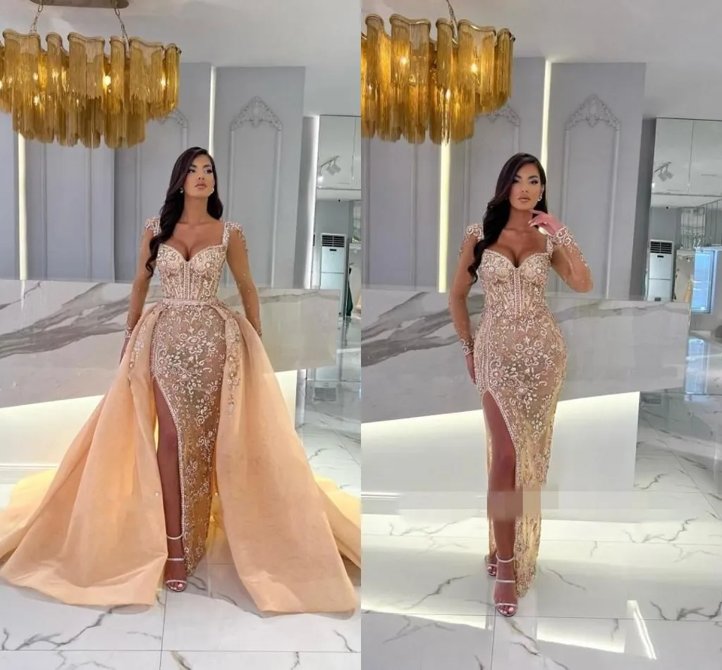 Elegant Champagne Long Mermaid Prom Dresses With Detachable Overskirt Off Shoulder Sweetheart Tulle Lace Appliques Beads Formal Evening Gowns with Slit