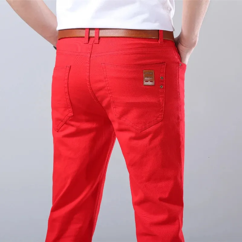 Classic Style Men's Jeans Fashion Business Casual Straight Slim Fit Denim Stretch Trousers White Yellow Red Brand Male Pants 231220