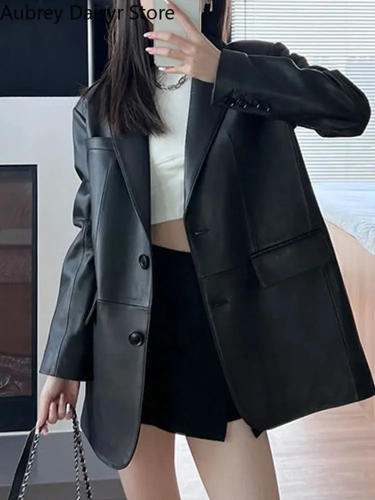 Koreansk svart skinnjacka kvinnor streetwear lösa formella blazers kvinnlig modetrend chic punk 2023 231221