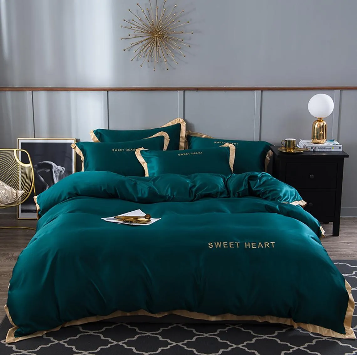 OLOEY satijnzijde beddengoed set luxe borduurbed set Effen kleur Gouden rand dekbedovertrek laken koningin koning queen size T2008227869392