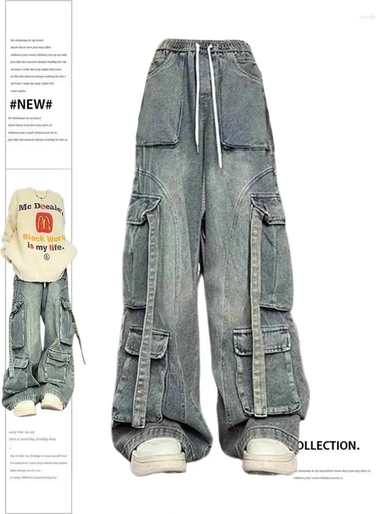 Kvinnors jeans blå last vintage y2k 90 -tals stora denimbyxor emo 2000 -tal hajuku hög midja cowboy byxor trashy kläder 2023