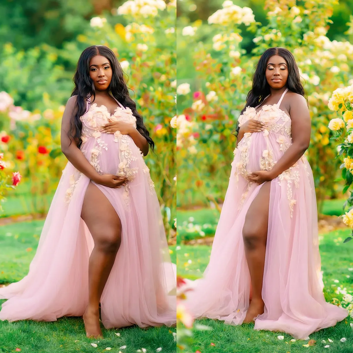 Maternity Tulle Dress Robe Dressing Gown Pink Lace Appliques Puffy Robe Sheer For Baby Shower Photoshoot Photography