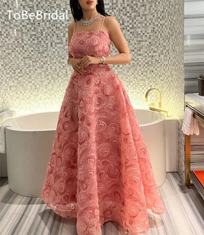 Party Dresses Dubai Arab Evening Dress 2023 Pink 3D Flower Italian Noodle Strap High Wais A-Line Gown Elegant And Pretty Women's