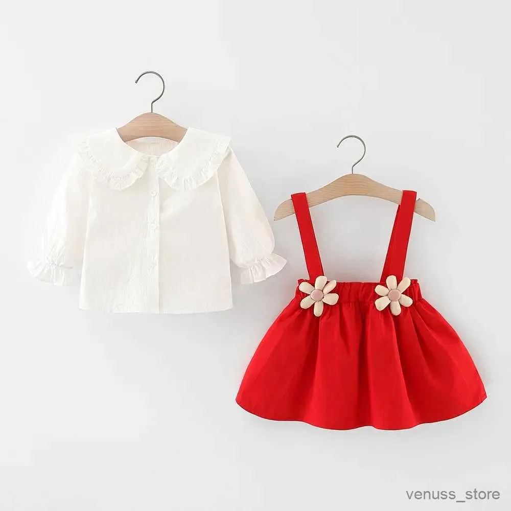 Vestidos femininos vestido de outono infantil camisa branca de garotas + saia de alça de duas peças.