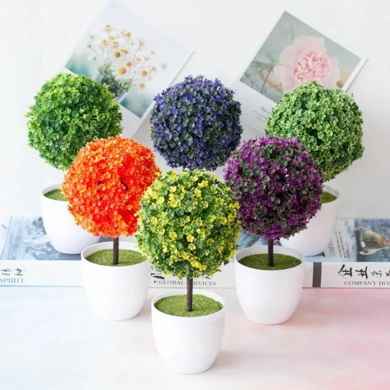 Wreaths Decorative Flowers Green Pink Orange Purple Blue Yellow White Grass Ball Artificial Plants Bonsai Small Tree Desktop Ornament Fake