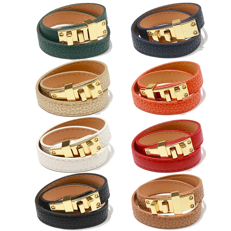 Europeu americano minimalista duplo loop fivela quadrada pulseira com padrão de lichia couro do plutônio pulseira designer jóias bt5