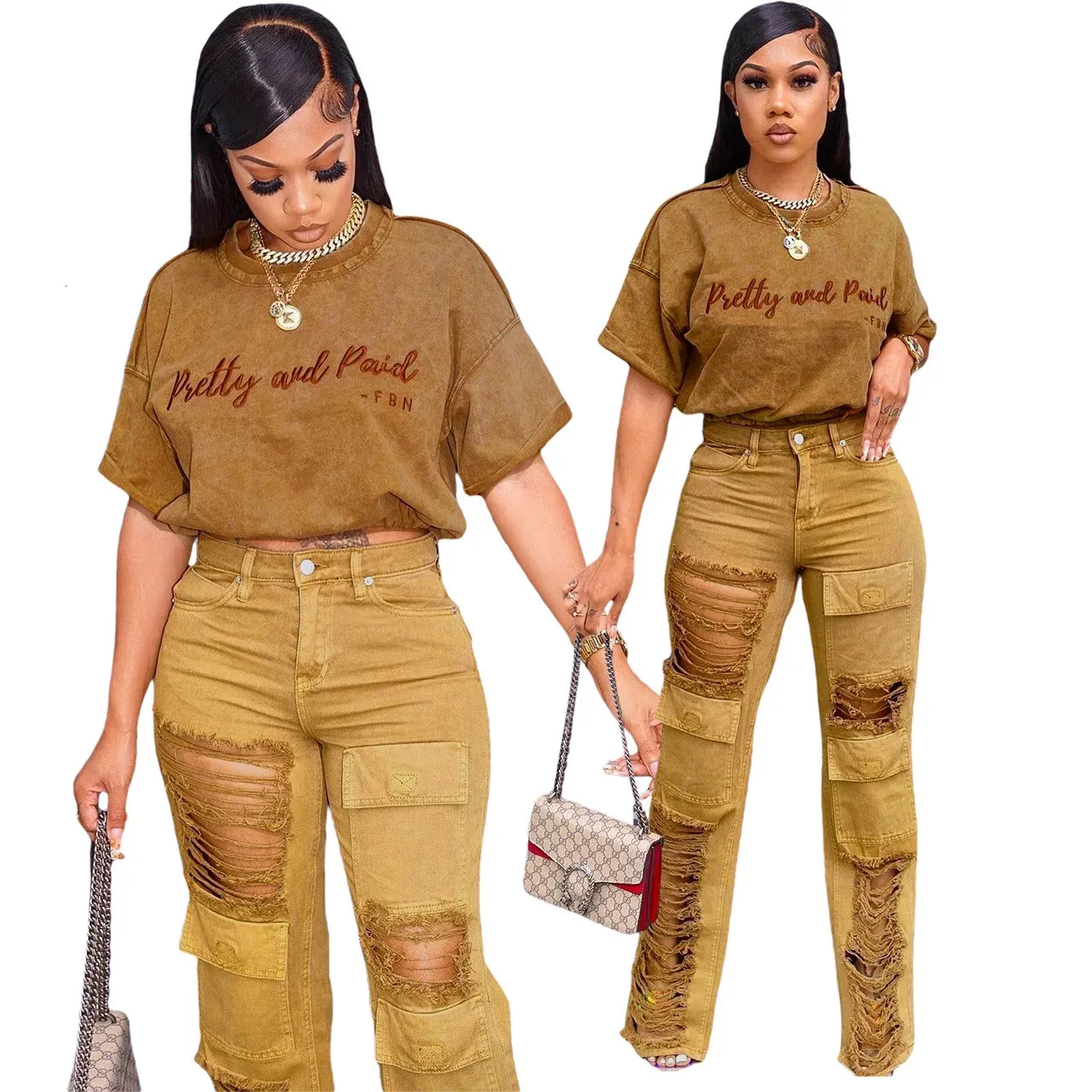 Echoine Short Sleeve Letter Brodery Tshirt and Cargo Denim Pants Two Piece Set Casual Fashion Matching Streetwear Outfits 231220