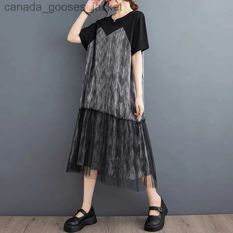 Tvådelad klänning #3618 Black Flalse Two Piece T Shirt Dress Women Spliced ​​Mesh Tie Dye Midi Dress Fe Short Sle Vintage Vestidos Office L231221