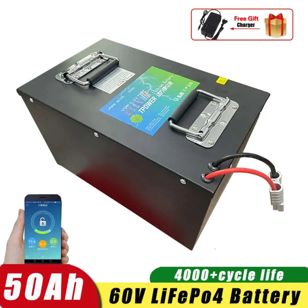 Batterier 60V 50AH LIFEPO4 Batteripaket Byggt BMS Metallfodral Non bly Acid för RV EV Motor ELECRTRIC BIKE 1800W 3000W MOTOR + 5A Laddning