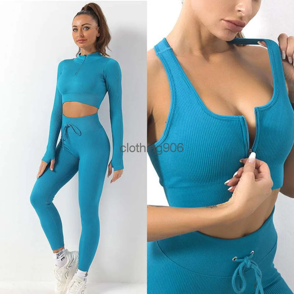 Roupa de yoga 2/3 pçs sem costura conjunto feminino roupas de ginásio fitness manga longa colheita superior cintura alta leggings ternos esportivos treino yoga