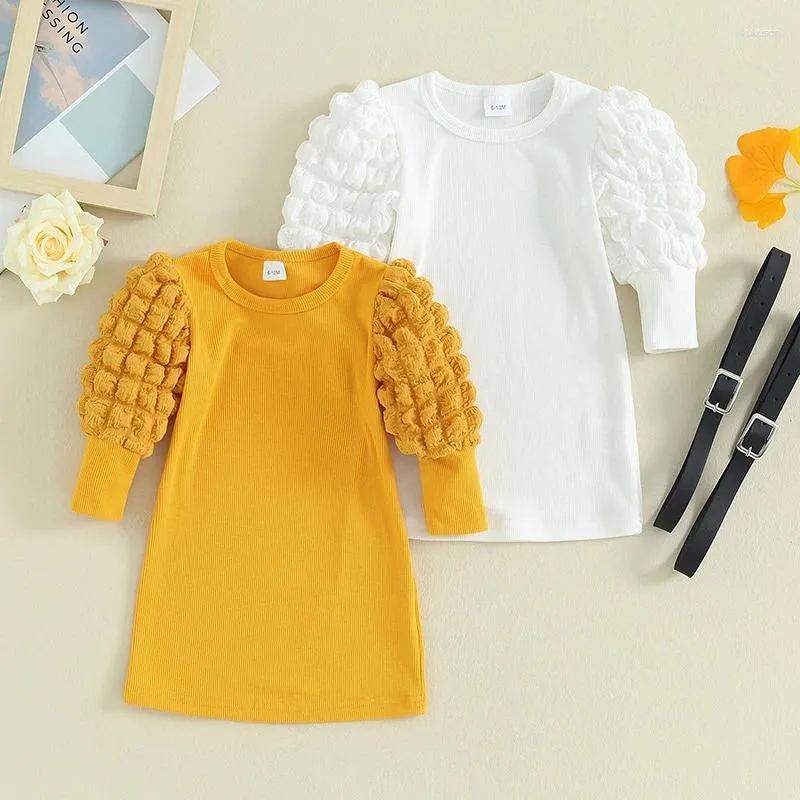 Robes de printemps et d'automne pour petites filles de 0 à 4 ans, couleur unie, manches longues bouffantes, pull tricoté, vêtements à la mode pour enfants