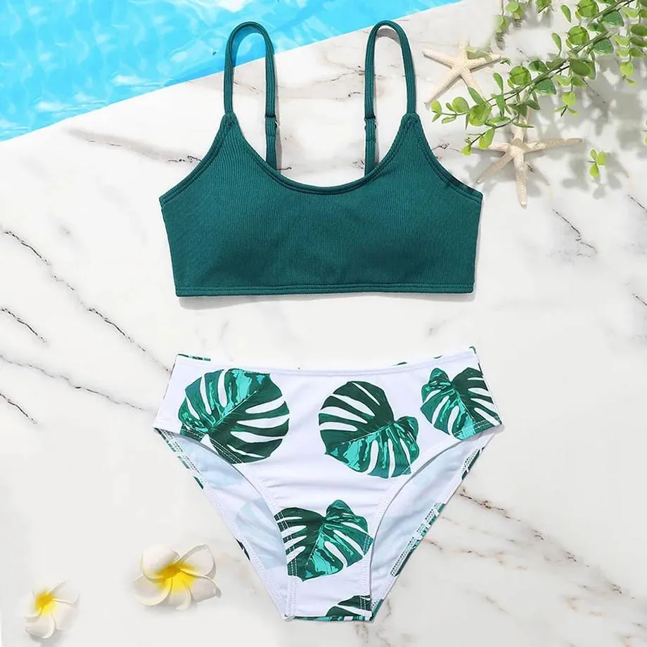 Swimwear Folha Impressão Menina Maiô Crianças Nervuras Duas Peças Crianças Swimwear 714 Anos Adolescente Conjunto de Biquíni Acolchoado Terno de Banho 2022 Beachwear