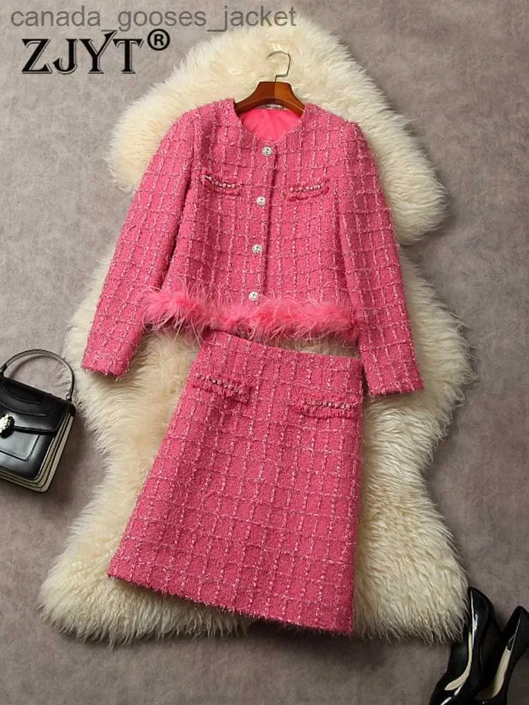 ZJYT élégant rose fête Tweed veste et jupe ensemble deux pièces femmes tenue automne hiver bureau dame Mini robe ensembles Fe L231221