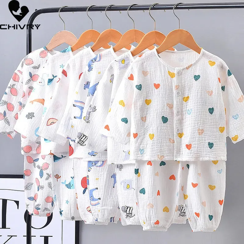 Kids Boys Girls Pajamas Summer Cotton Linen Cartoon Thin Therequarter Tops with Pants Baby Sleeping Clothing مجموعات 231220