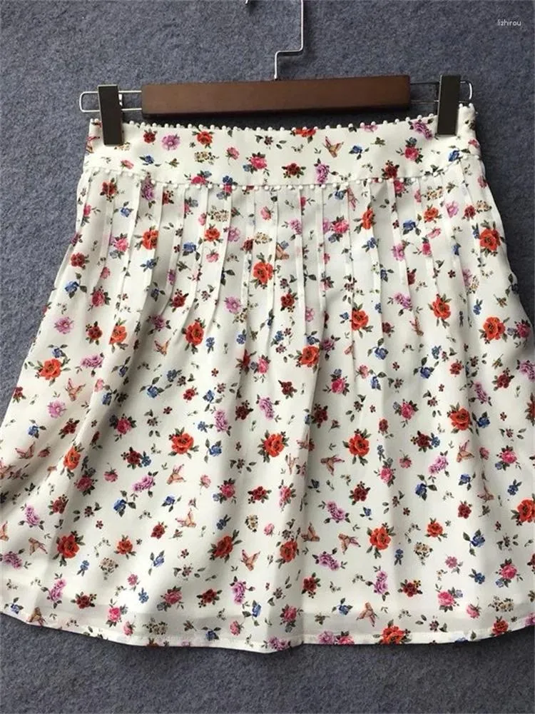 Skirts Pleated Mini Skirt For Ladies 2023 Silk Floral Print High Waist Sweet A-Line Short Jupes