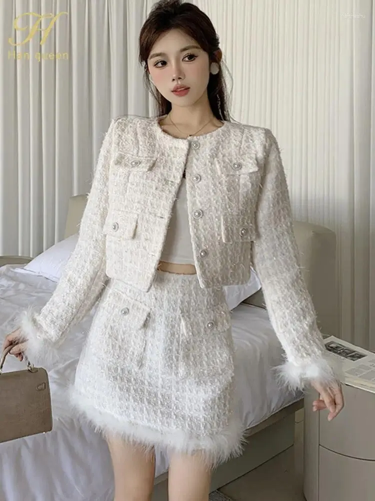 Two Piece Dress BabYoung 2024 Winter Professional Wear Tweed 2-Piece Sets Short Jacket Fashion Sheath Pencil Casual Women Suits Skirt