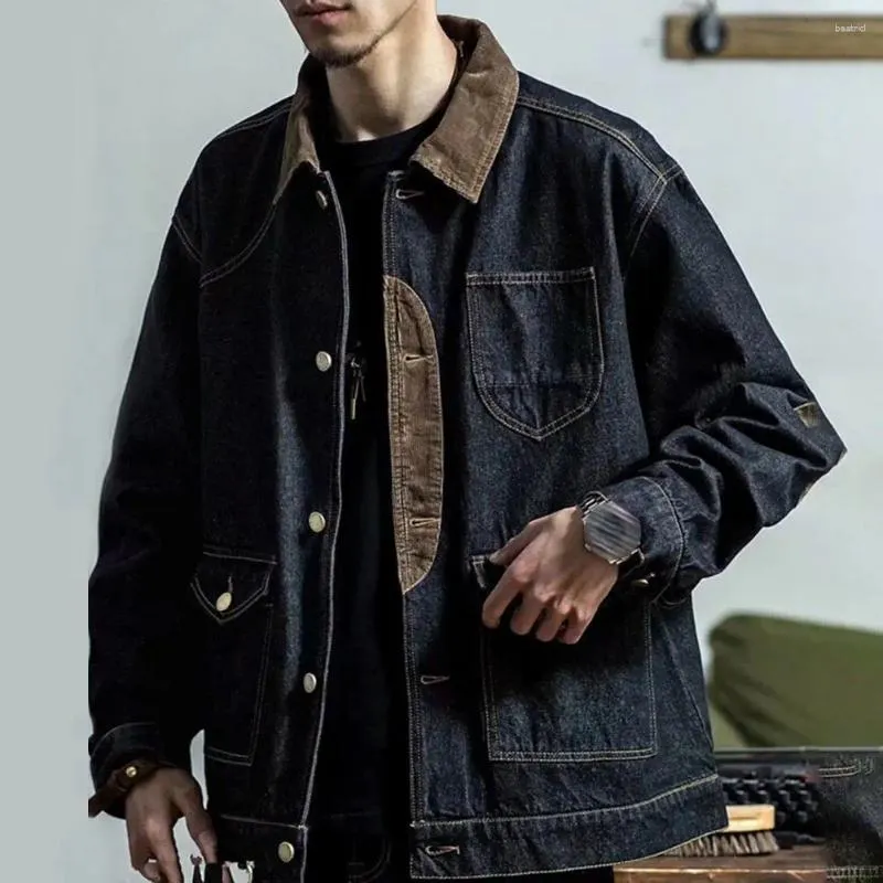 Herrjackor långa ärmar multi fickor enkelbröst denim jacka vår höst lapptäcke färg vridning krage män beläggning streetwear