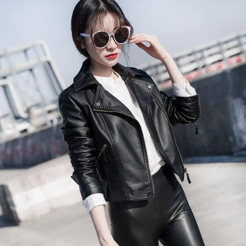 0C626M50 Women's Leather Faux Coats Spring and Autumn PU Leather Jackets Motorcycle Short Jacket Slimming Outerwear