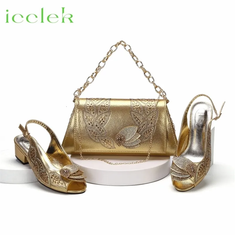 2023 Arrival Gold Color Square Heels Peep Toe Shoes Matching Bag Set For Nigerian Women Wedding Party Pump 231220