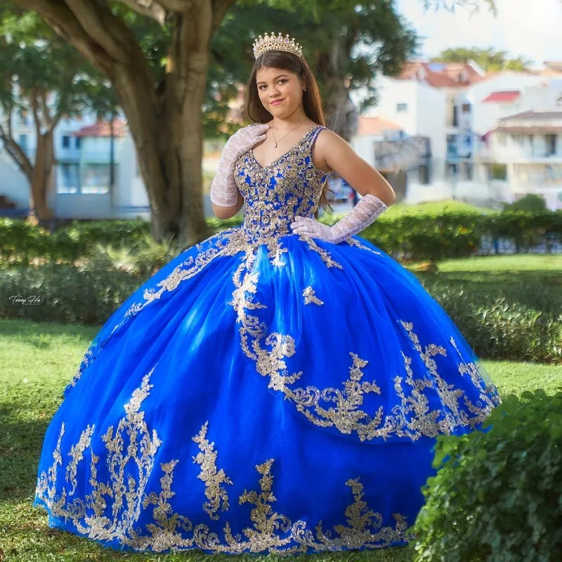 Luxury Blue V-halsbollklänning quinceanera klänning för flickor Applique Lace Pärlad paljett Lace Up Birthday Party-klänningar Prom klänningar