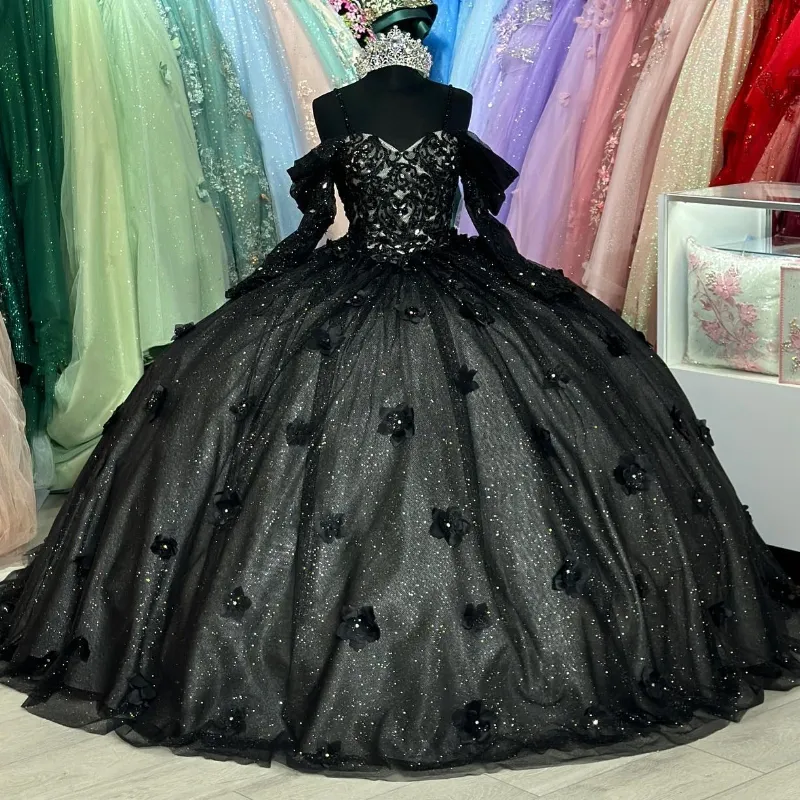 Черные блестящие платья Quinceanera с открытыми плечами, бальное платье, 3Dцветочные платья, 15 лет для сладких 16, платья на шнуровке для дня рождения