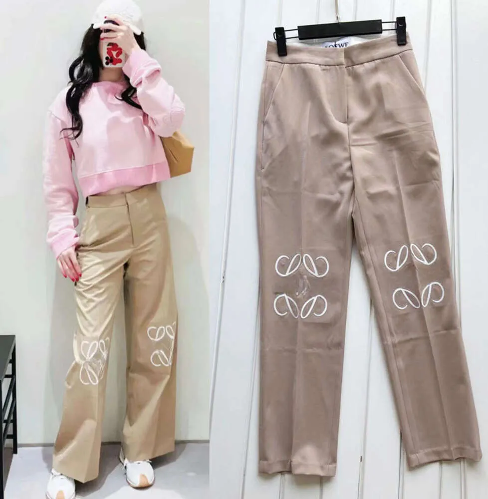 LOE Anagram 1846 Fashion Classic Trendy Luxury Autumn High Waist Hollow Patch Embroidery Decoration Pink Straight Tube Casual Women Pants