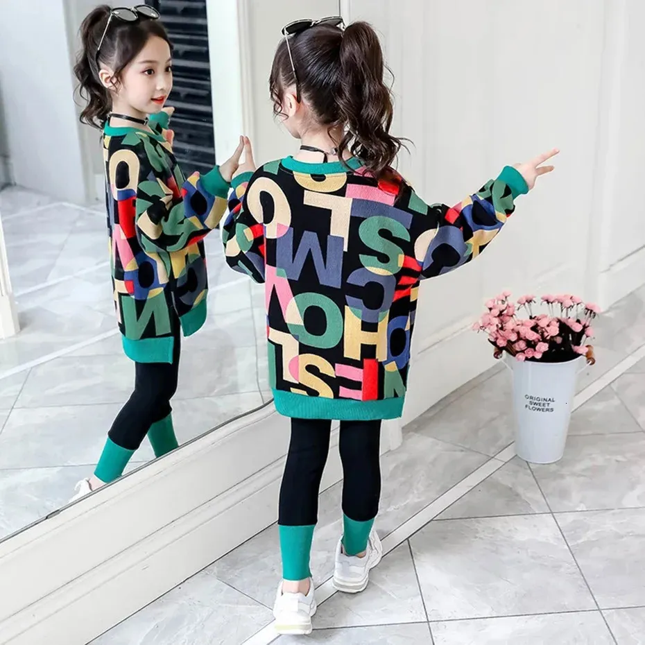 Kinderkleding Pak Meisjes Herfst Kleding Mode Toevallige Grote Kinderen Brief Trui Leggings Tweedelige Set 231220