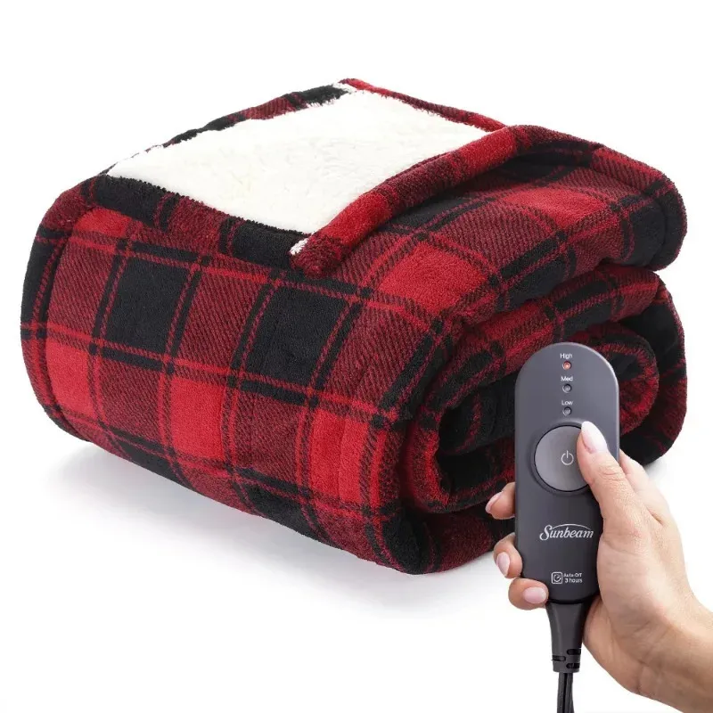 Sunbeam Heated Electric Throw Decke gemütlich Sherpa Red Buffalo Checker 50 "x 60" 231221