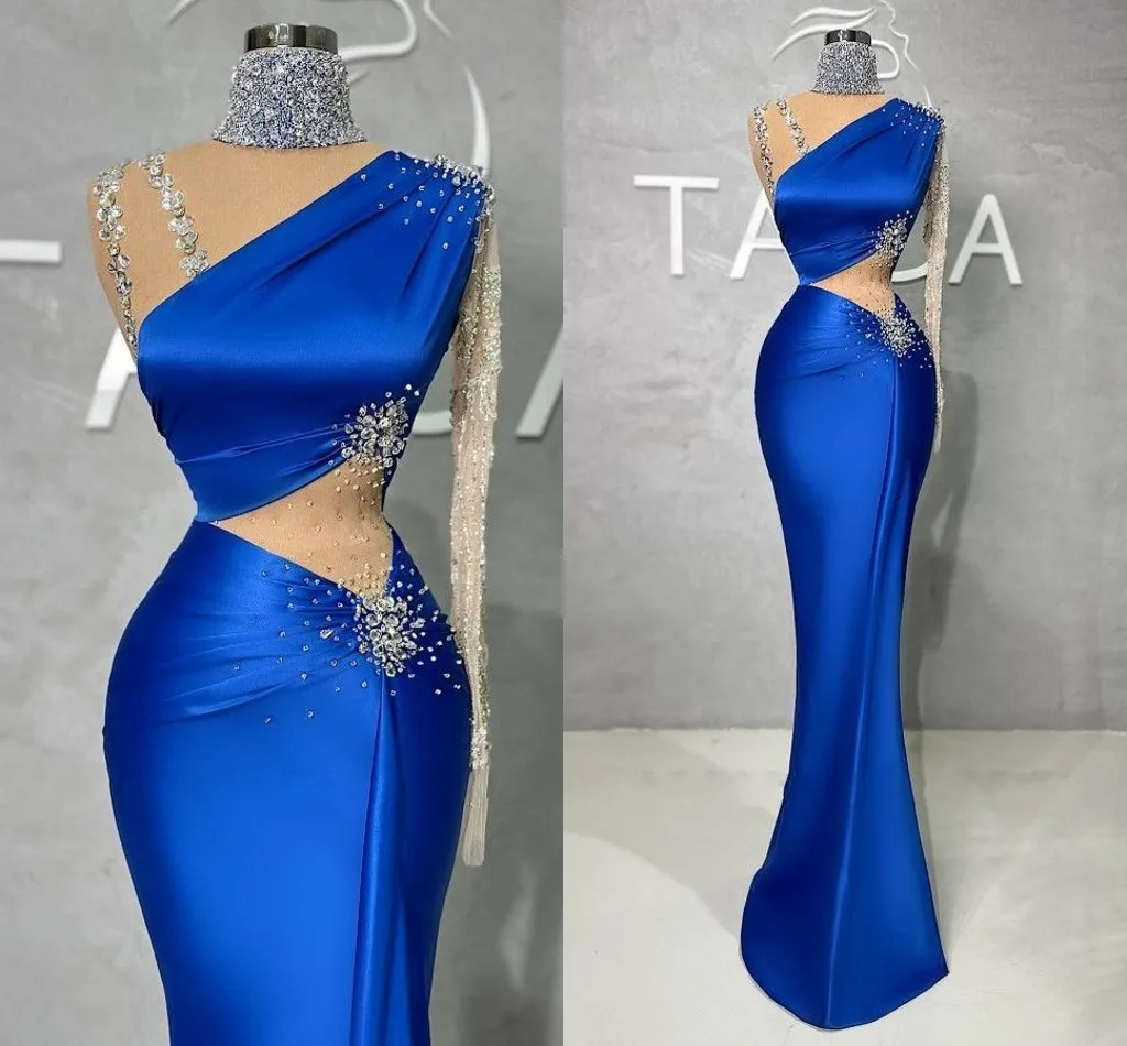 Elegant Royal Blue Mermaid aftonklänningar med pärlor paljetter Hög nacke ren lång ärm en axel satin pärlor spets formella balklänningar utskurna sidor