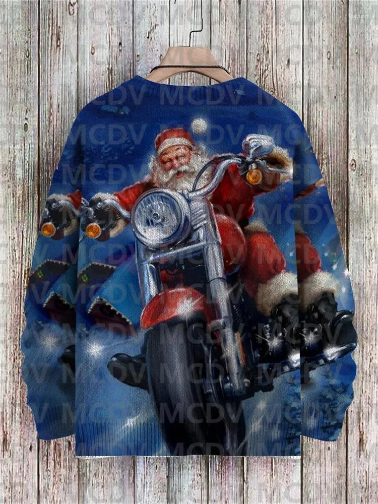 Men's Hoodies Christmas Santa Claus Riding A Motorcycle Print Knit Pullover Sweater For Women's